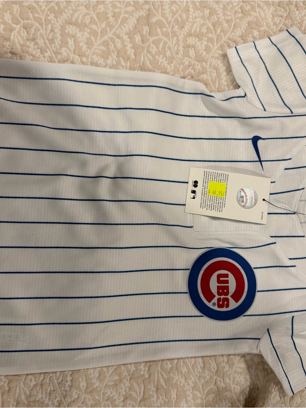 Kids Nike Cubs White Jersey with Blue Pinstripes